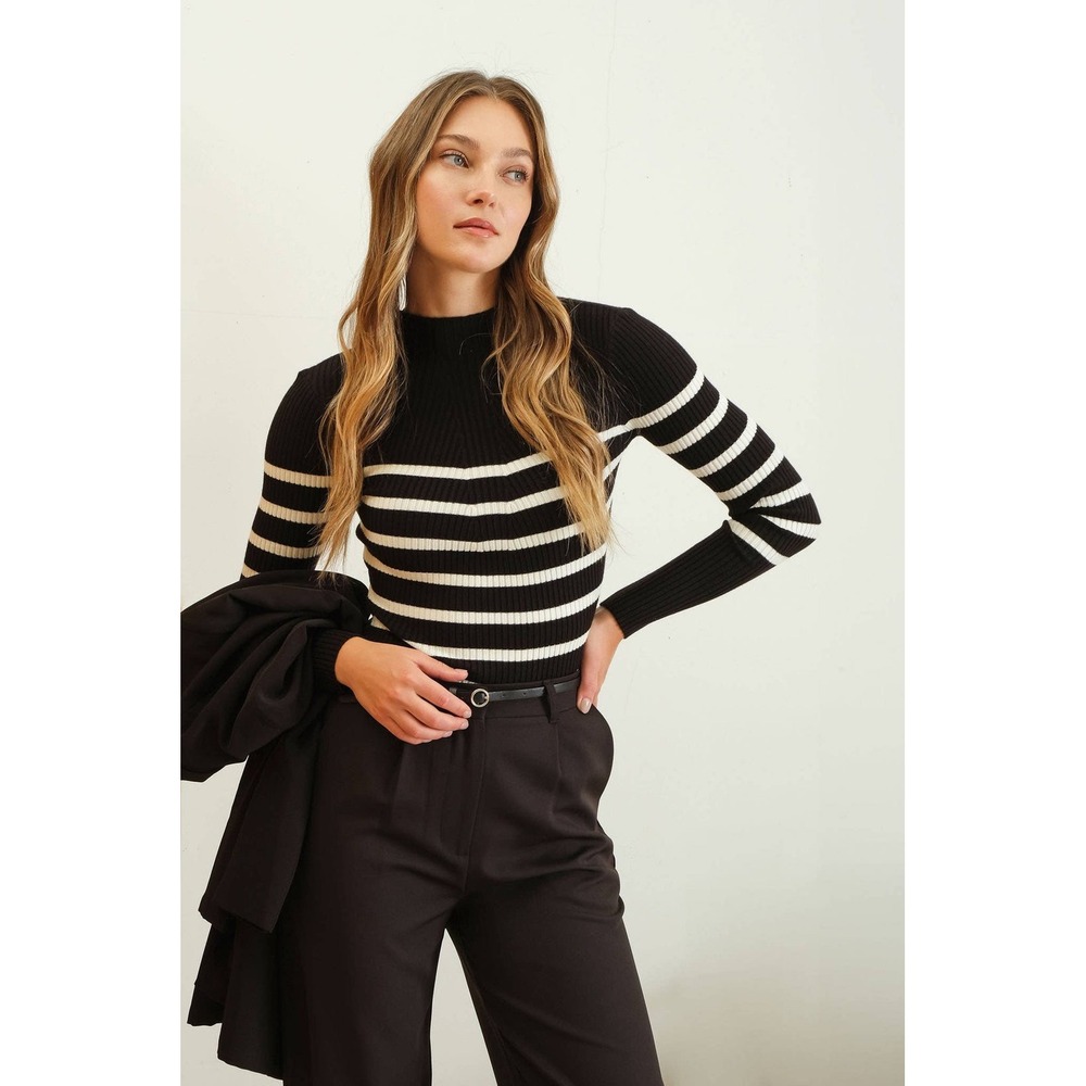 The Workshop Sweater Womens Slim Mock Neck Black White Striped Viscose Medium